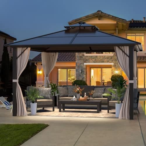 EROMMY 12' x 12' Gazebo Polycarbonate Double Roof Canopy Outdoor Aluminum Frame Pergola, Permanent Pavilion with Netting and Curtains for Garden Patio Lawns Parties