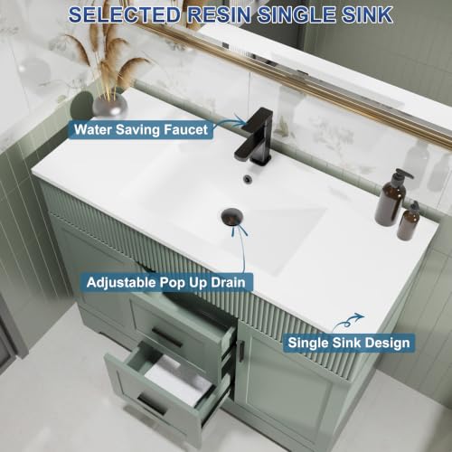 Image of eclife 42 inch Bathroom Vanities Sink Combo with Painted Surface, Modern Drawered Cabinet W /Decorative Wave Lines, Undermount Single White Sink, Matte Black Faucet Drain, Gray Green
