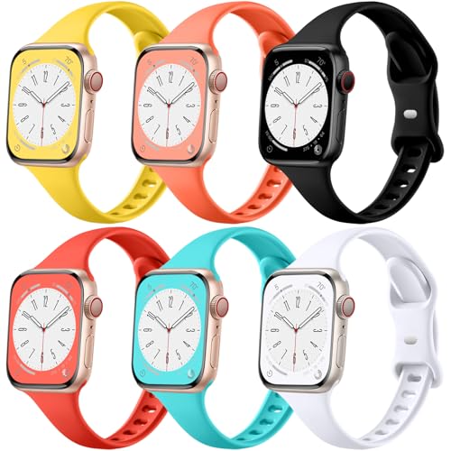 Lerobo 6 pack Silicone Slim bands Compatible for Apple Watch Band 38mm 42mm 40mm 44mm 41mm 45mm, Slim Thin Narrow Replacement Sport Strap Wristband for iWatch Series 8 7/SE/6/5/4/3/2/1 Ultra