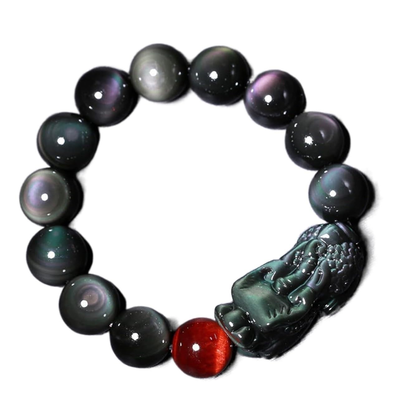 Nzpost Black/Red Obsidian Bracelet,Natural Rainbow Eye Obsidian Tiger Eye Stone Lucky Pi Xiu Charmelasti