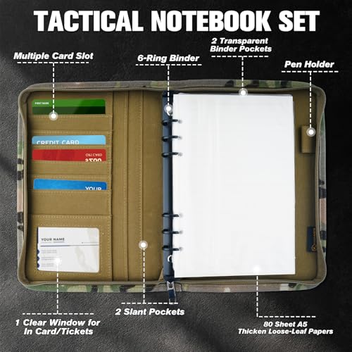 Tactical Notebook Padfolio Ring Binder with 80 Sheets,Weatherproof Military Notebook Cover with Zippered Padfolio Organizer,Refillable 6-Ring A5 Binder Notepad (Camouflage) by LAITEBEI - Image 3