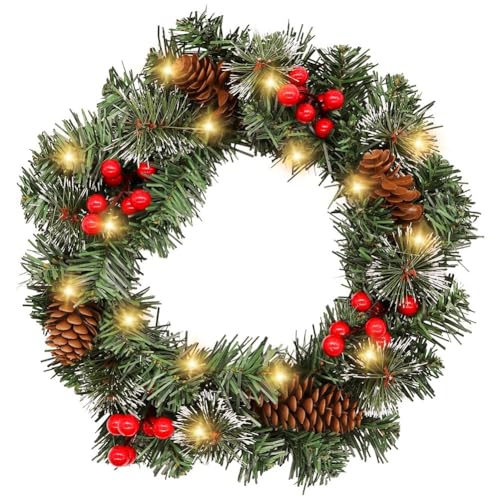 Decoración de Coronas Navideñas, Corona de Navidad con Bayas Rojo y Abetos, Corona Navideña para Puerta de Entrada, Ventanas y Fiesta Decoración Día Adorno de Pared para Navideñas