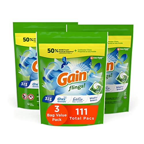Image of Gain flings! Liquid Laundry Detergent Soap Pacs, HE Compatible, 3 Bag Value Pack, 111 Count, Long Lasting Scent, Blissful Breeze Scent