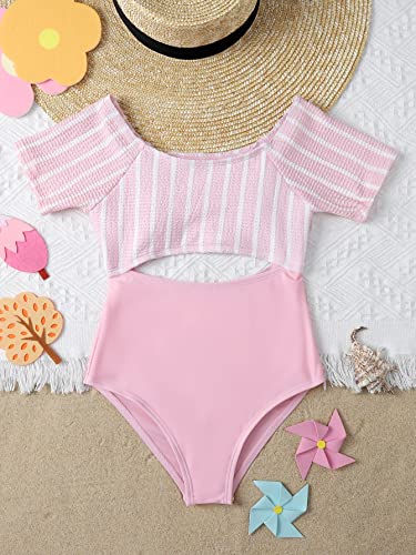 Wdirara Girl's Cute Print Cut Out One Piece Swimsuit Tie Front Monokini Pink Striped 150 #TOP4