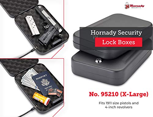 Hornady Portable Lock Box For Guns And Valuables - Includes 2 Keys And 4 Foot Steel Cable - Thick 16 Gauge Steel - An Ideal Portable Car Lock Box Or Truck Safe - Extra Large, Black, 10 X 7 X 2 Inches #TOP4