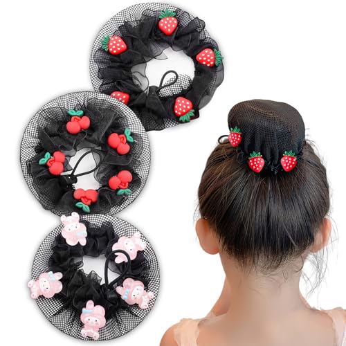 CoolShef 3Pcs Hair Net for Kids | Cute Hair Bun Net with Drawstring Closure | Reusable Kids Hair Accessories for Dancers, Skating, Gymnastics, Ballet, Parties & More