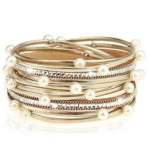 YooAi Pulsera De Cuero De Múltiples Capas Perla Bohemio Imán Hebilla Pulseras...