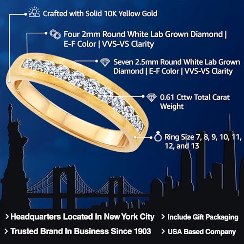 Gem Stone King Men's 10K Yellow Gold White Lab Grown Diamond Satin Finish Wedding Band Ring For Men | 0.61 Cttw | Available in Size 5,6,7,8,9,10,11,12,132