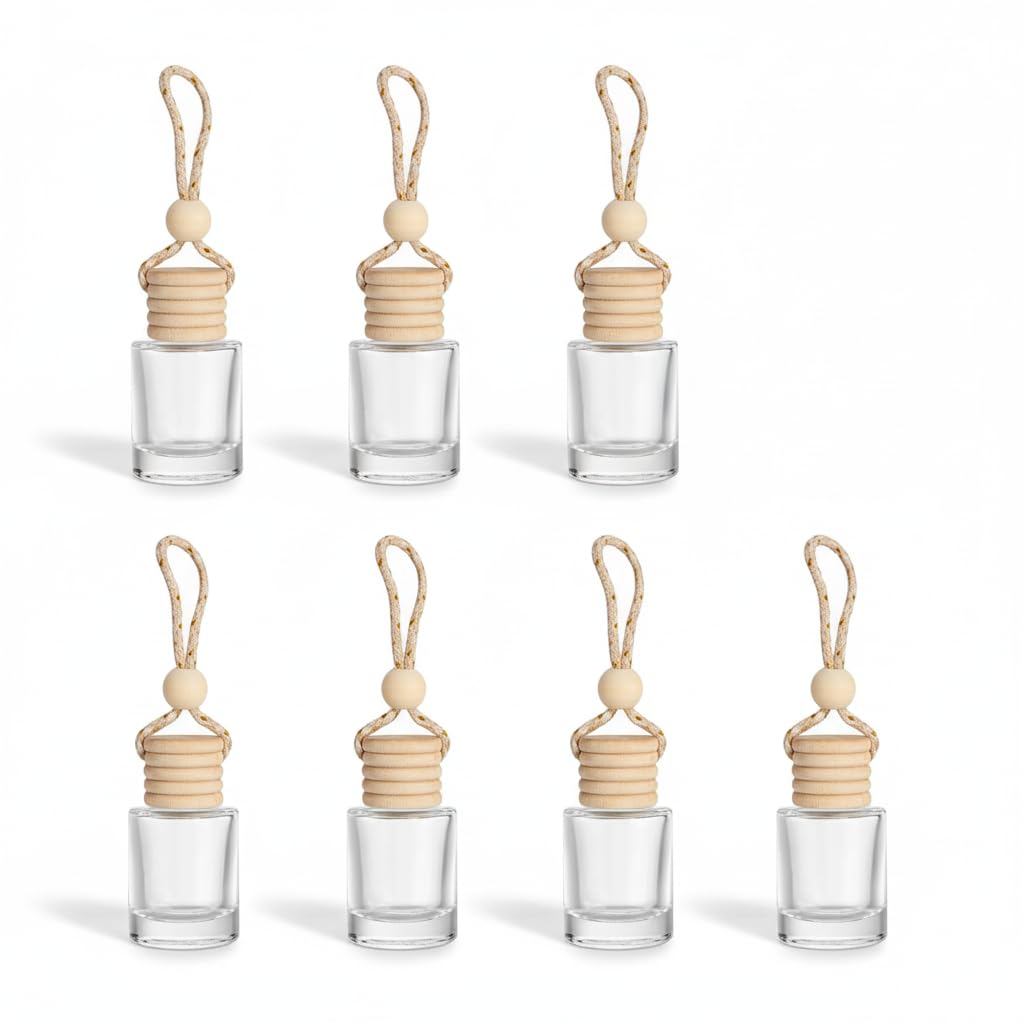 Hunky Dory 6pcs 10ml Hanging Car Air Freshener Diffuser Bottles Empty Glass Perfume Bottle Pendant for Essential Oil Fragrance Aromatherapy Bottle Ornament (Clear,Cylinder)