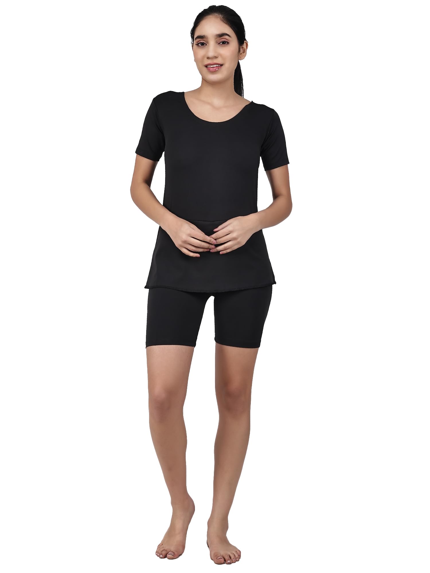 lotus thread Women’s Modest One-Piece Swimming & Exercise Suit – Short Sleeve Longline Tunic Bodysuit, Peplum, Frock Style Swimsuit - Quick-Dry All-in-One Performance Suit for Water Sports and Fitness-picture-21