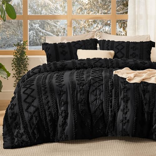 Bedsure Tufted Boho Comforter Set California King - Black Boho Bed Set, GentleSoft™ 3 Pieces Farmhouse Shabby Chic Embroidery Bedding, Gifts for Woman, Soft Jacquard Comforter for All Seasons