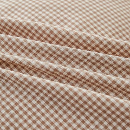 Image of EAVD Tan Plaid Gingham Duvet Cover Full Soft 100% Washed Cotton Reversible Tan and White Plaid Duvet Cover with 2 Pillowcases Farmhouse Ginggham Bedding Set with Zipper Closure
