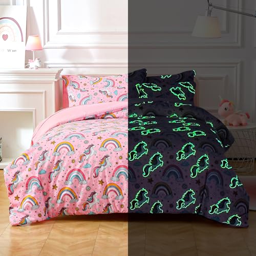 Aqzuxira Glow in The Dark Kids Comforter Set 3 Pieces Pink Unicorn Bedding Set Twin Size for Boys Girls Teen 1 Comforter 1 Pillowcase 1 Pillow Sham