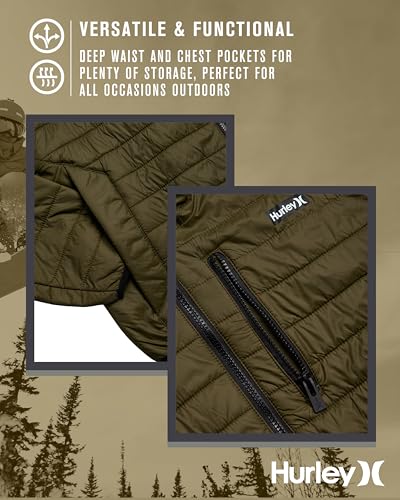 Image of Hurley Mens Puffer Jacket - Lightweight Packable Insulated Winter Coat for Men - Weather Resistant Quilted Outdoor Jacket