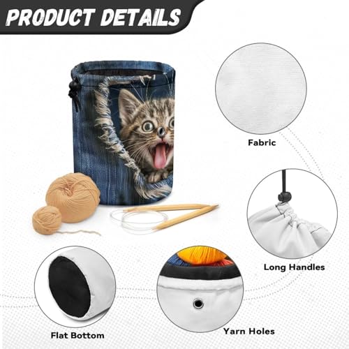 Image of Sellikakes Cute Cat Small Yarn Bag, Canvas Crochet Bag Organizer, Knitting Bag, Yarn Holder for Crochet Beginner,Knitting & Crochet Supplies