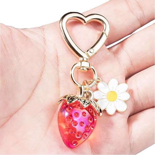 Cute Strawberry Keychain for Girls,Kawaii Heart Flower Daisy Key Chain Accessories,Bag Charms, Heart Keychains Decor for Purse Backpack（Red）4
