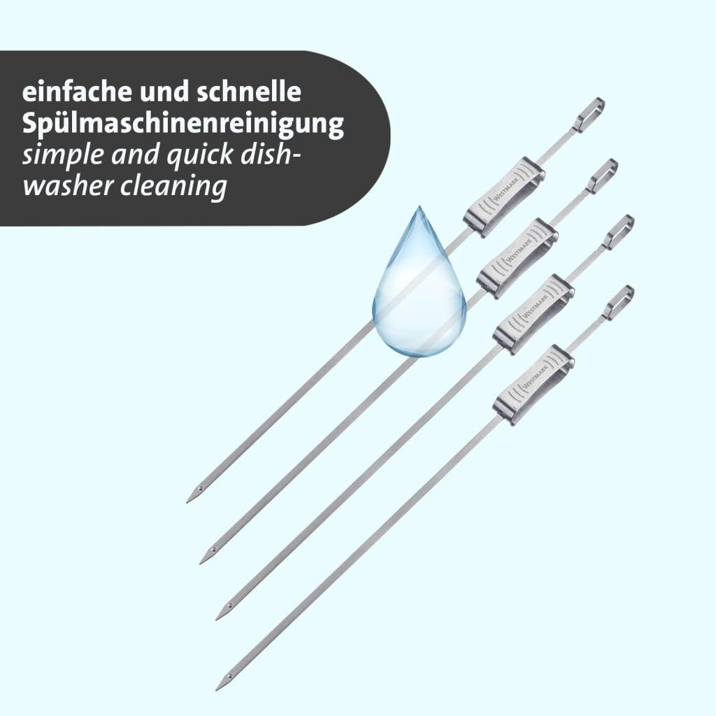 Westmark Szaszłyki do grilla 42 cm – idealne do przygotowywania szaszłyków lub innych szaszłyków na grilla, wraz z suwakiem – stal nierdzewna, 4 szt.