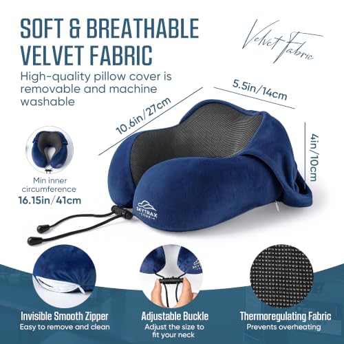 Image of SkytraxComf Travel Neck Pillow with Hood for Privacy on Long Flights | Memory Foam | Airplane Sleep | Safety-Tested Materials | Extra Large Hood | Chin Support | Earplugs | Washable Cover