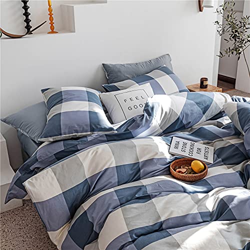 Image of Plaid Comforter Set Full Modern Style Checkered Pattern Comforter for Men Boys Blue White Grey Geometric Comforter with 2 Pillowcases Fluffy Soft 3 Pieces Lightweight Bedding Full Comforter Set