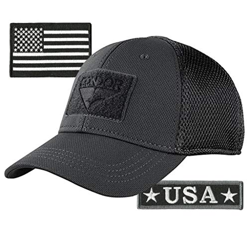 Condor MESH Fitted Tactical Cap Bundle - U.S.A. & USA Flag Patch - Choose Size