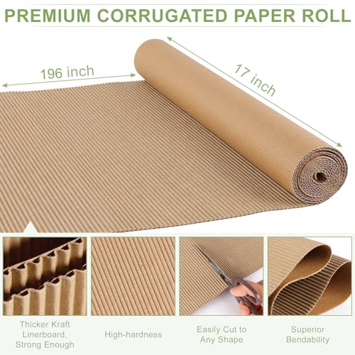 Image of Corrugated Cardboard Roll,196 x 17 Inches Corrugated Paper,Single Face Thick Cardboard Roll for DIY,Crafts,Gift Packaging,Moving,Shipping,Mailing,Modeling and Packaging Pads(Brown)