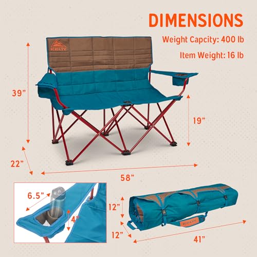 Image of Kelty Loveseat Oversized 2-Person Heavy Duty Folding Camp Chair, Double Seat for Soccer Games, Tailgating, Beach Days (Regular Height /Deep Lake) | Comfortable Seat for 2 Adults, Insulated Cup Holders, Perfect for Soccer Games, Backyards, Concerts, Roll Tote Storage