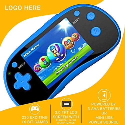 IQ Toys Handheld Arcade Game Zone Player Console Classic 220 Preloaded Video Games for Kids, 16 BIT Large 3" Screen, Rechargable, Blue