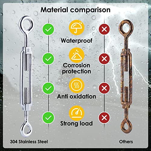 Eyourlife 5 Pcs 304 Stainless Steel Turnbuckle Hook, Heavy Duty Shade Sail Hardware Adjustable Wire Rope Tensioner (M6, Eye & Eye) #TOP3