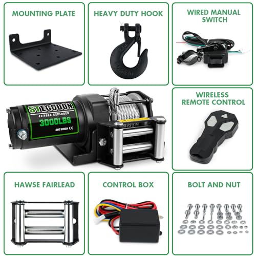 Image of STIMULATER 3000lb ATV Winch,Electric Winch 12V,Steel Cable Winch, with Wireless Remote and Manual Switch, with Hawse Fairlead & Hook,IP67 Waterproof,Suitable for Most Trailers and ATV winchs