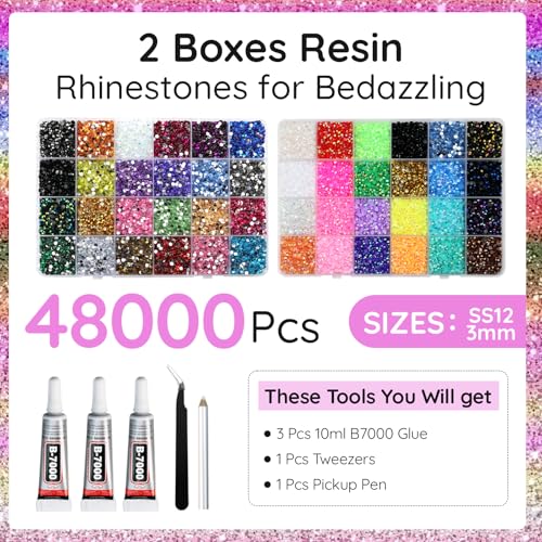 Image of 50000Pcs Resin Rhinestones for Bedazzling Kit, 48 Color 3mm Flatback Gems for Crafting Diamond Art with Jewelry Glue & Tools for Nail Book Painting