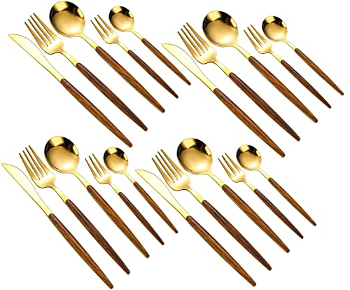 Image of Gold Flatware Matte Wooden Handle Stainless Steel Tableware Sets for 4 Including Forks Spoons Knives, Camping Silverware Travel Utensils Set Cutlery(Gold, Set of 20)