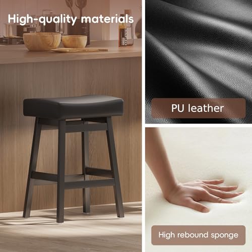 Butacos de altura para barra de 26 pulgadas, juego de 2 unidades, sin respaldo, asiento tipo silla de montar con tapizado en cuero sintético, estilo moderno para isla de cocina, comedor o bar en casa (Negro) miniatura 5