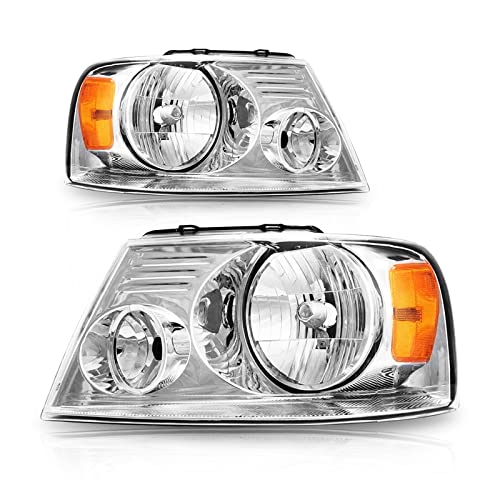 ADCARLIGHTS 2004-2008 F150 Headlight Assembly for 04-08 Ford F150 Pickup/ 06-08 Lincoln Mark LT Clear Lens Chrome Housing with Amber Reflector Headlamp Replacement Left and Right
