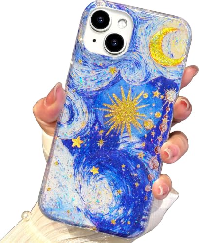 I-MGAE-IN-AR Compact Case for iPhone 15 Plus Case Starry Night Design,Sparkling Holographic Glossy Cute iPhone 14 Plus Phone Case for Aesthetic，Clear Shockproof Military-Grade Protection