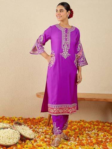 Image of INDO ERA Women's Silk Blend Embroidered Straight Kurta Pant with Dupatta