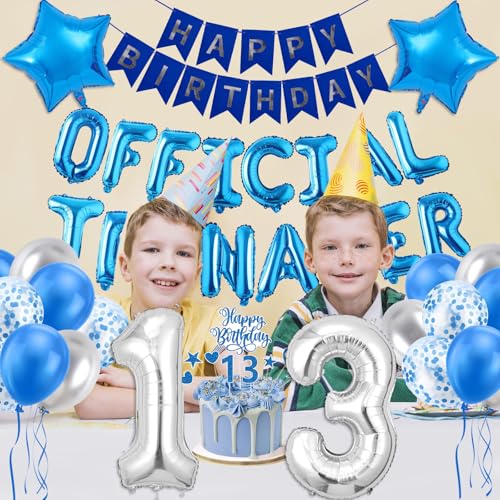 Image of 13th Birthday Decorations for Boys, Blue Sliver Happy Birthday Banner, OFFICIAL TEENAGER Numbers 13 Foil Balloon and Cake Topper for 13 Birthday Boy Decorations