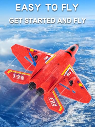 ANTSIR Remote Control Plane F-22 Raptor, 2.4GHz Rc Airplane with Smart Gyro/LED Lights/3 Rechargeable Batteries, Foam RC Jet Glider Gift for Kids Boys Girls 8-12 Year Old (Red)
