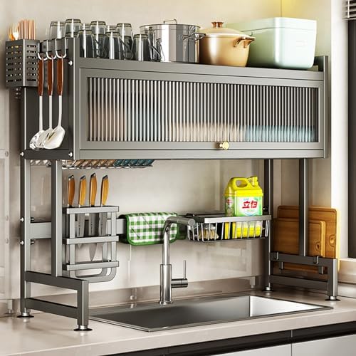 Hdrriozu Over the Sink Dish Drainer Drying Rack 3 Tier with Cover | Rust resistant built to last. Easy install simple tools. Holds all dishes glasses bowls. Space saving over sink tidy kitchen. product image 23