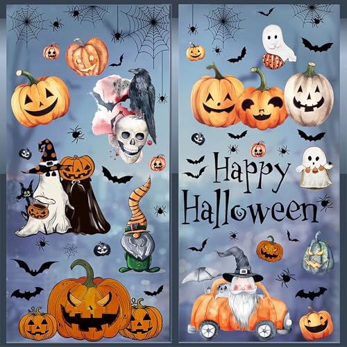 WREWING Calcomanías estáticas para ventana de Halloween, 8 hojas, decoración de calabaza fantasma, segura para niños, reutilizable, para el hogar, escuela, fiesta, interior