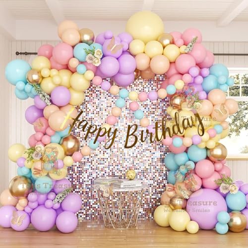 Image of 104Pcs Happy Birthday Decoration Kit - Pastel Rainbow Balloons with Happy Birthday Banner for Kids Party Celebration Decorations