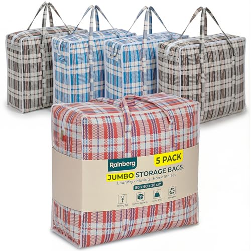 Rainberg 5 PACK JUMBO Storage Bags 80 x 60cm Strong and Durable Holds up to 35kg Reusable Laundry Bags with Double Zips Ideal for Laundry Moving House Clothing & Wardrobe Storage