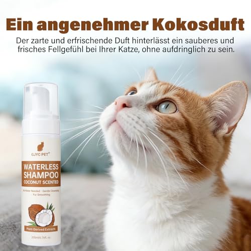 GJYC PET Trockenshampoo Katzen – Katzen Shampoo 200 ml, Kokosduft, pH-hautneutral, reinigt & pflegt sanft, entwirrt und spendet Feuchtigkeit – Für empfindliche Haut