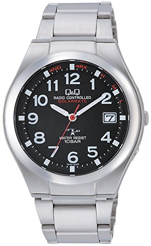 Image of Citizen Q&Q HG12-205 Men's Wristwatch, Analog, Radio, Solar, Waterproof, Date, Metal Band, Black, Black, watch