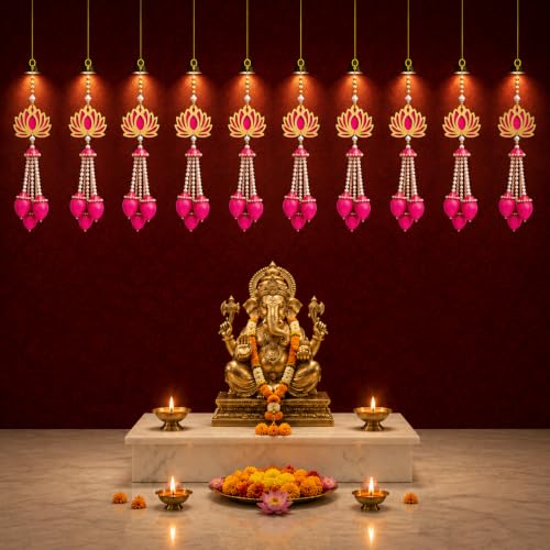 Image of JH Gallery Pearl Bead Lotus for Ganpati Decoration Items for Home - Handmade Ganesh Chaturthi Backdrop Decoration, Mandir & Balcony Hanging (16 Inch, Pack of 10)