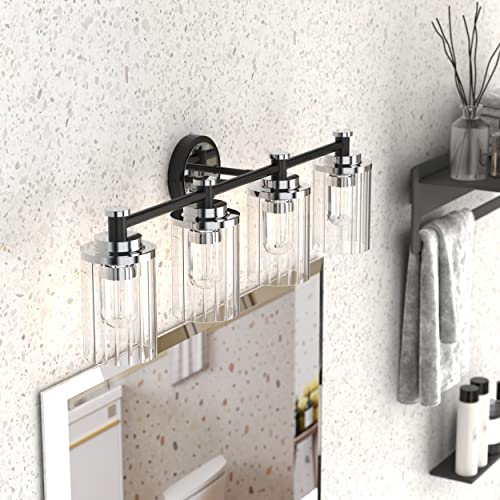Image of Bathroom Lighting Fixtures Black and Chrome Bathroom Vanity Light with Cylindrical Clear Stripes Glass Lampshade E26 Socket Base Bathroom Lighting Fixtures Over Mirror (4 Lights)