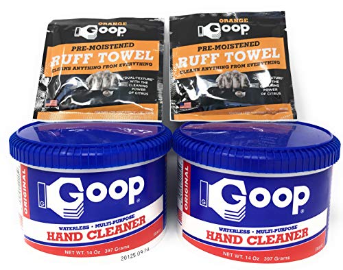 m30 hand cleaner - 2 Cans of Goop Hand Cleaner and Laundry Stain Lifter Remover 14 ounce with 2 Orange Goop Ruff Towel Packets, Waterless, Non-Toxic and Biodegradable, Removes Grease, Grass, Tar, Blood, Paint, Dirt, Mud