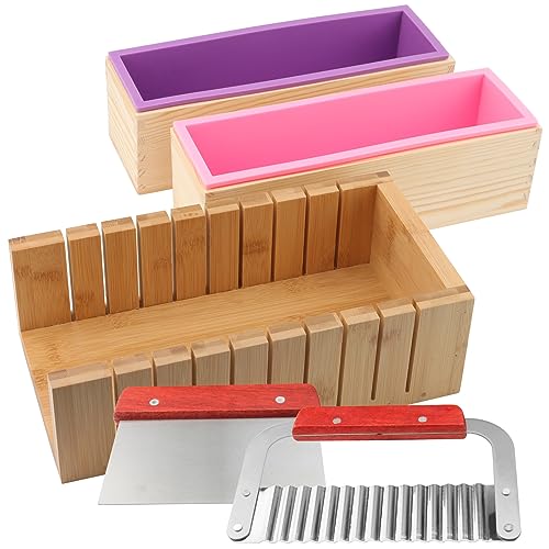 ZEONHEI 5 PCS 45 Oz Silicone Soap Molds Loaf Set, Flexible Set of 2 Rectangular Soap Making Molds Boxes with 1 Wood Soap Mold, 1 Stainless Steel Wavy, 1 Straight Cutter, Soap Molds for Soap Making