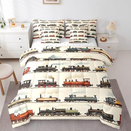 Feelyou Vintage Train Comforter Set Twin 7 Pcs Retro Steam Engine Boys Girls Retro Steam Locomotive Train Bedding Set Vehicle Train Bed in a Bag with Comforter, Sheets, Pillowcases & Cushion Cover