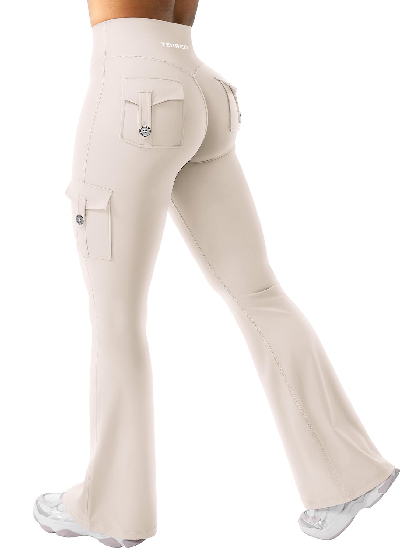 YEOREO CoreFlex Damen Flare Leggings mit 4 Pockets Invisible Scrunch Butt Sport Leggings High Waist Schlaghosen Workout Seamless Push Up Blickdicht Yoga Gym Legging