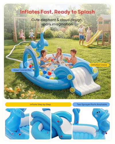 QPAU Elephant Kids Pool with Slide and Sprinkler, Inflatable Play Center with 4 Rings, 72 × 64 × 37 in, Fast Inflation Kiddie Pool for Garden & Backyard, Birthday Gift for Ages 1+ (Blue) - image 6